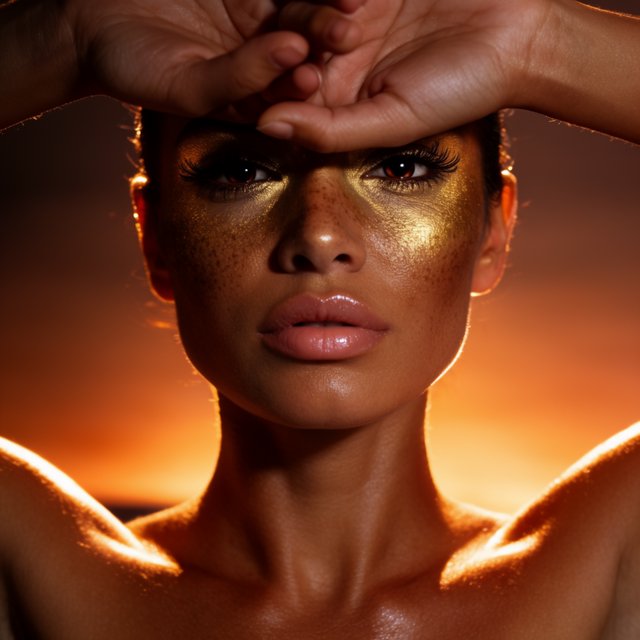 Beauty close-up of an adult woman with bronzed skin and gold eye makeup, bare shoulders, studio backlight halo, high-end campaign look. — Krea 2 Large