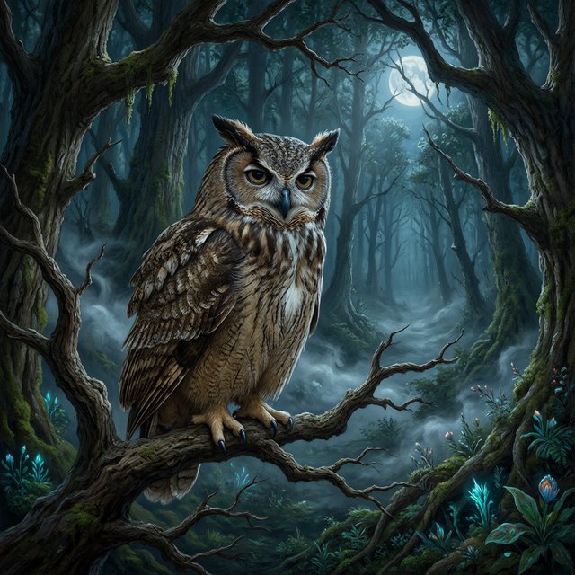 A majestic owl with ancient, knowing eyes perched on a gnarled branch within an ethereal forest. Moonlight filters through the dense canopy, illuminating swirling mists and glowing flora. The scene evokes a sense of deep mystery and ancient magic. Rendered in the style of magical realism with rich oil painting textures. — Qwen Image 3.0 Pro