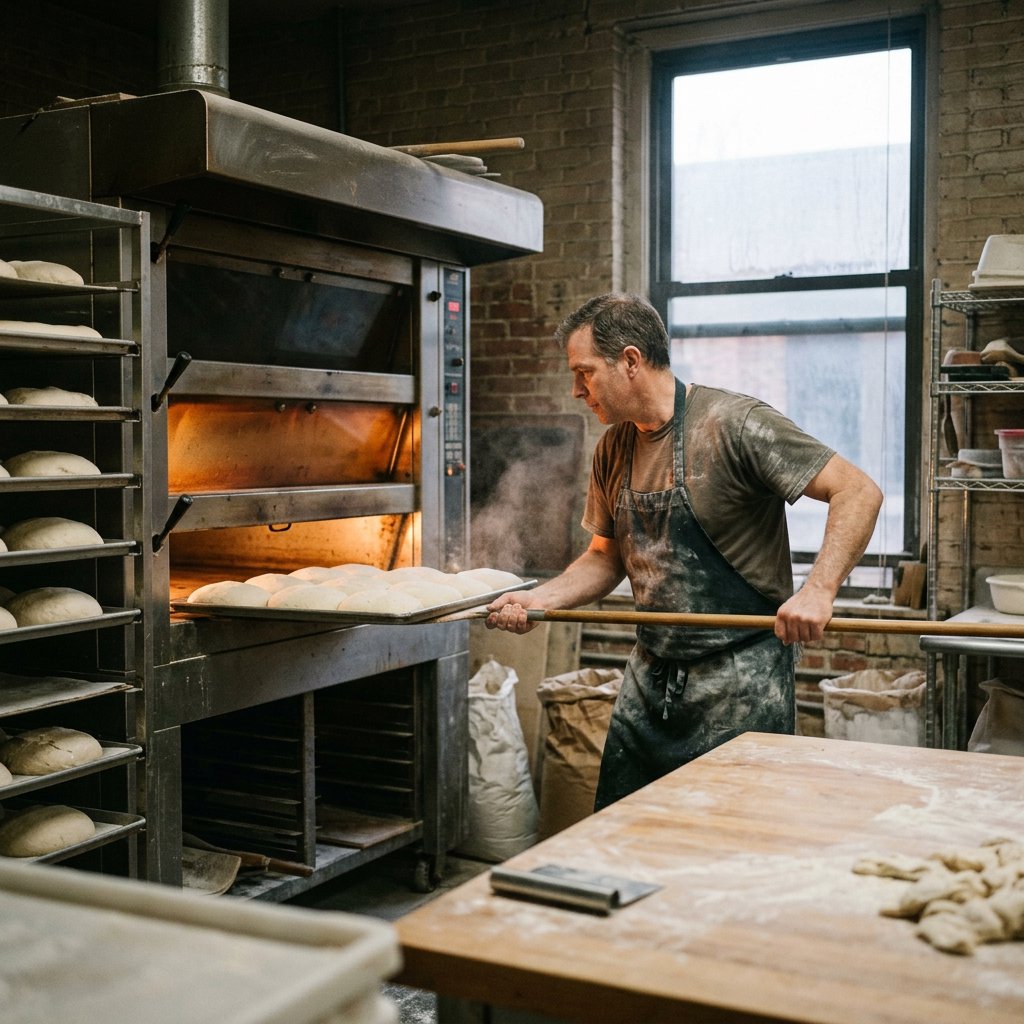 Candid documentary photograph of an adult baker sliding a tray of bread into a neighborhood bakery oven, warm oven glow mixing with gray dawn window light, 35mm lens with moderate depth of field, flour dust suspended above the workbench. — Nano Banana 2.1