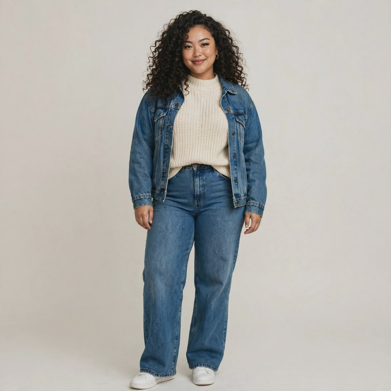 A pretty mixed-race woman of Korean, White, and Black heritage, curvy, full-body image, plain background. — Muse Image 1.0