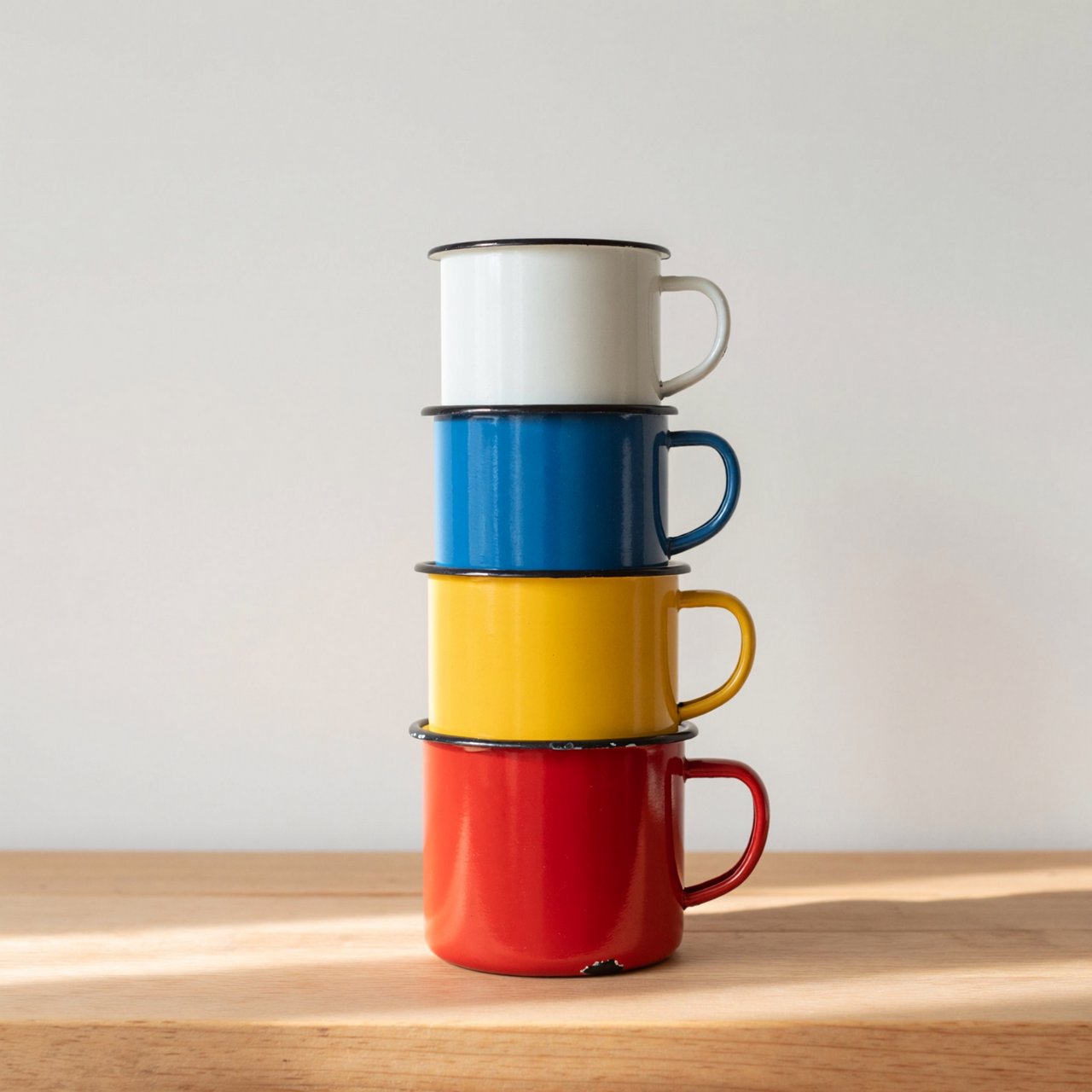 Exactly four enamel camping cups form a vertical tower on a pale wooden shelf, bottom to top: red, yellow, blue, white; all handles face right. Soft morning light, nothing else. — ImagineArt 2