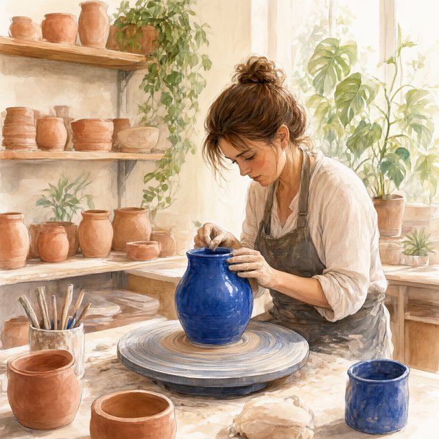 Watercolour illustration of an adult ceramicist shaping a blue-glazed vessel in a sunlit workshop, shelves of unfinished pottery and leafy plants softened by loose brushwork. Palette of terracotta, indigo, warm cream, and sage. — Qwen Image 3.0