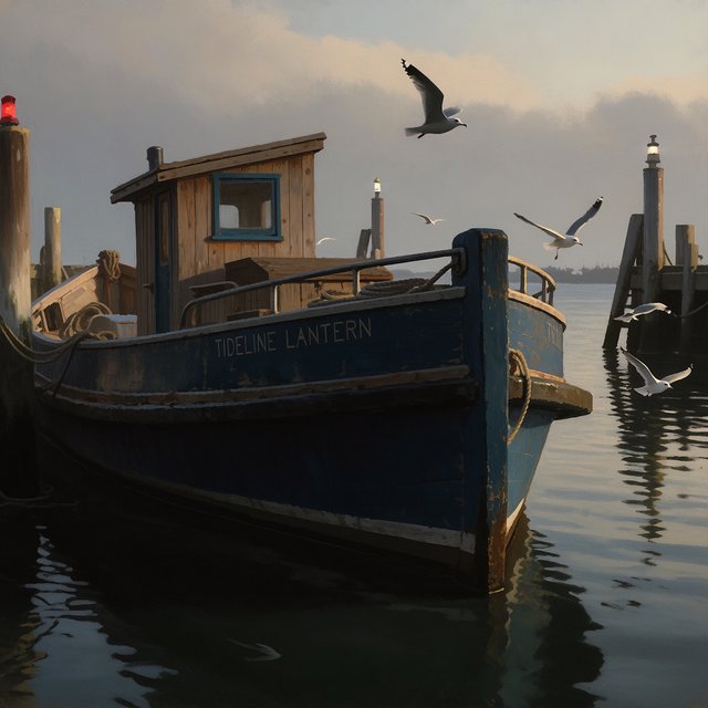 At a quiet harbor, a weathered wooden ferry rests beside slick pilings, ropes coiled on deck as gulls wheel overhead; "TIDELINE LANTERN" is painted in faded ivory letters along the blue hull. — Krea 2 Medium
