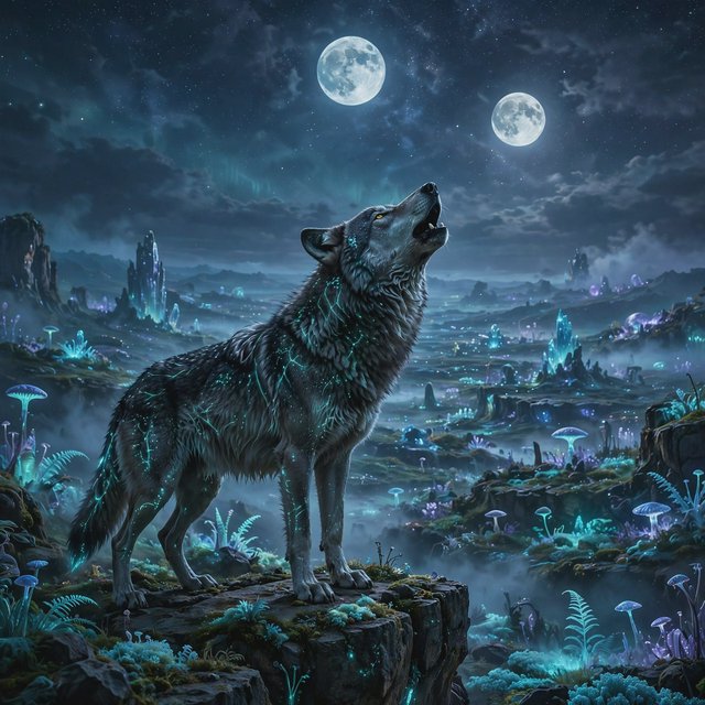 A solitary wolf, its fur subtly infused with shimmering, bio-luminescent patterns, howling at a sky filled with twin moons. The wolf stands on a cliff overlooking a vast, alien landscape dotted with strange, glowing rock formations and spectral, phosphorescent vegetation. — Muse Image 1.0