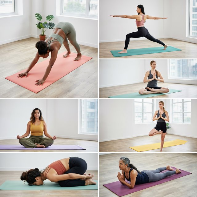 A realistic image of a group of adult women at a yoga class. Women of many races, with slim, curvy, and other body types, all wearing yoga wear, all on colorful yoga mats, all posing, with many angles and POVs. 3–6 angles. — Ideogram v4