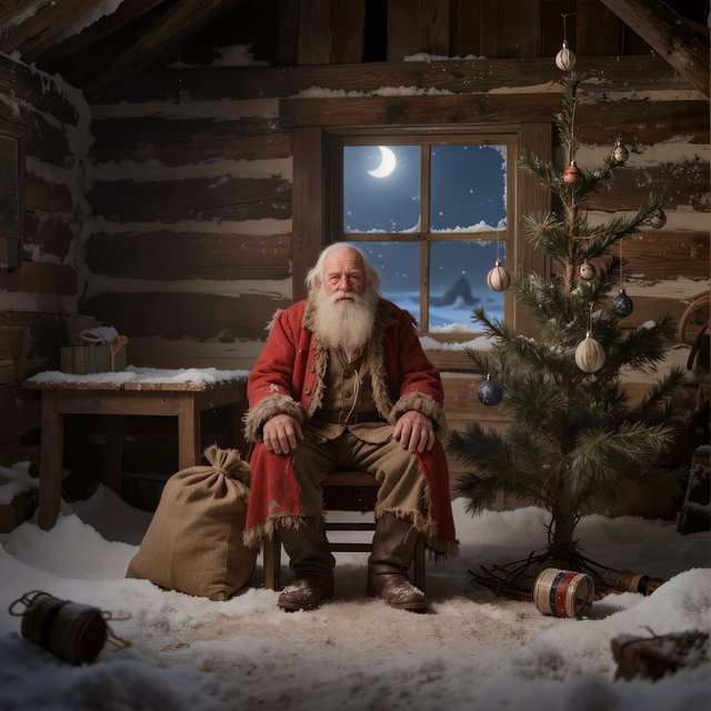A melancholic, somewhat disheveled Santa Claus in a worn, dirty coat. He sits in his cabin at the North Pole next to a desolate, needleless Christmas tree, its decorations hanging only sporadically. The aura radiates a quiet despair. — Kling v3