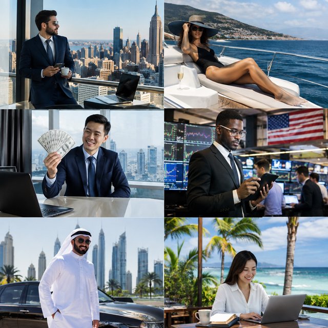An image about people making a lot of money around the world, shown in 4–6 scenes. Realistic image. — GPT Image 2.5 Flare