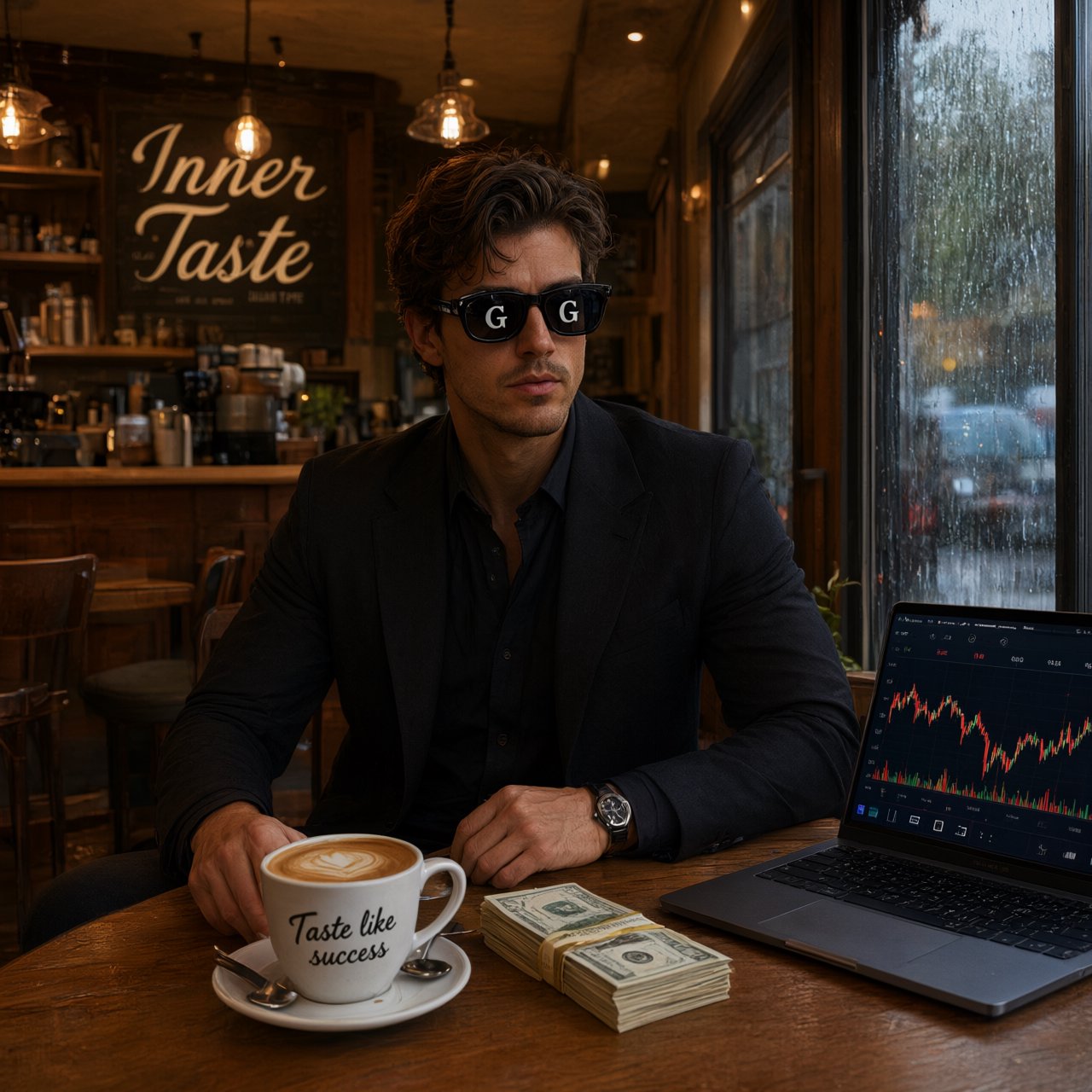 Realistic, a man wearing a black suit and cool shades with the word “G” on them, sitting near a table in a friendly coffee shop with the words “Inner Taste” displayed in the shop, coffee on the table, a coffee cup with the words “Taste like success,” a stack of money on the table, a high-end laptop displaying a successful trade, and rain pouring outside. The vibe is calm and chill. — Qwen Image 3.0 Pro