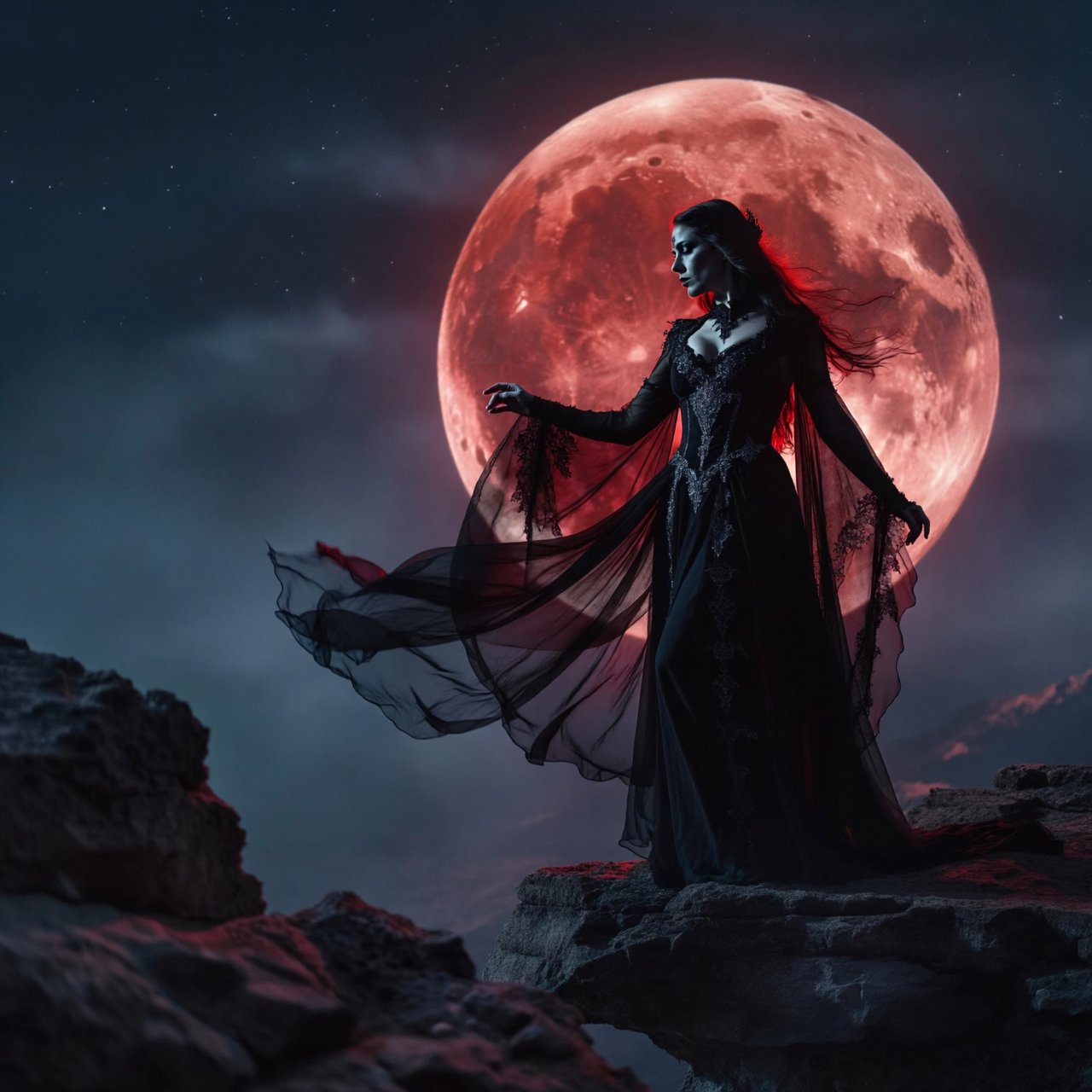 Captivating gothic goddess silhouetted against a blood red moon. Long dark hair blowing in a gentle breeze. Dramatic make-up. Ethereal black garment with silver details billowing in the breeze. Pensive expression. — ImagineArt 2