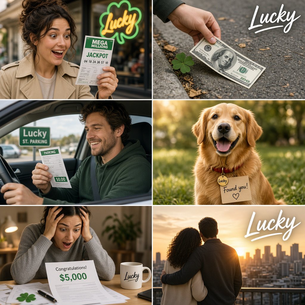 4–6 realistic scenes of people having the luckiest day of their lives. The word “Lucky” should appear at least twice in the image, and seem totally in place and seamless. The whole vibe is pretty much lucky moments that were unexpected but very welcome. — Grok Imagine Image 2
