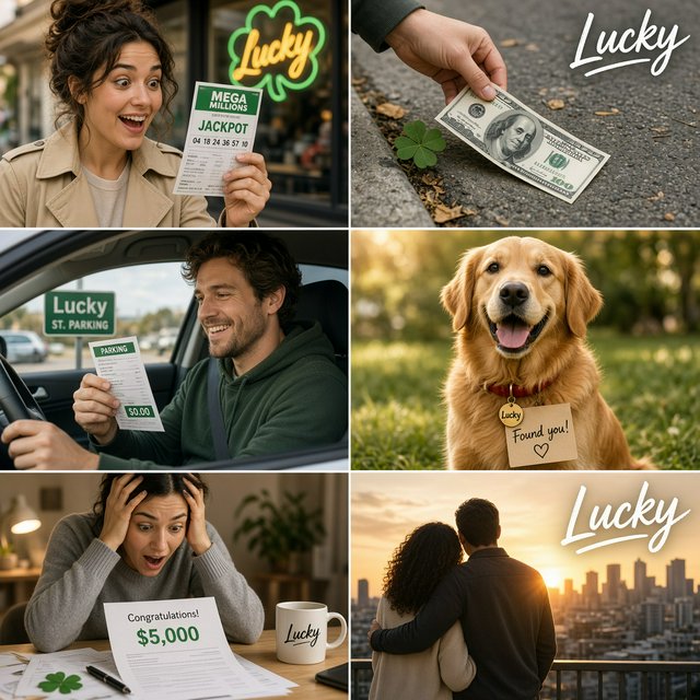 4–6 realistic scenes of people having the luckiest day of their lives. The word “Lucky” should appear at least twice in the image, and seem totally in place and seamless. The whole vibe is pretty much lucky moments that were unexpected but very welcome. — Grok Imagine Image 2