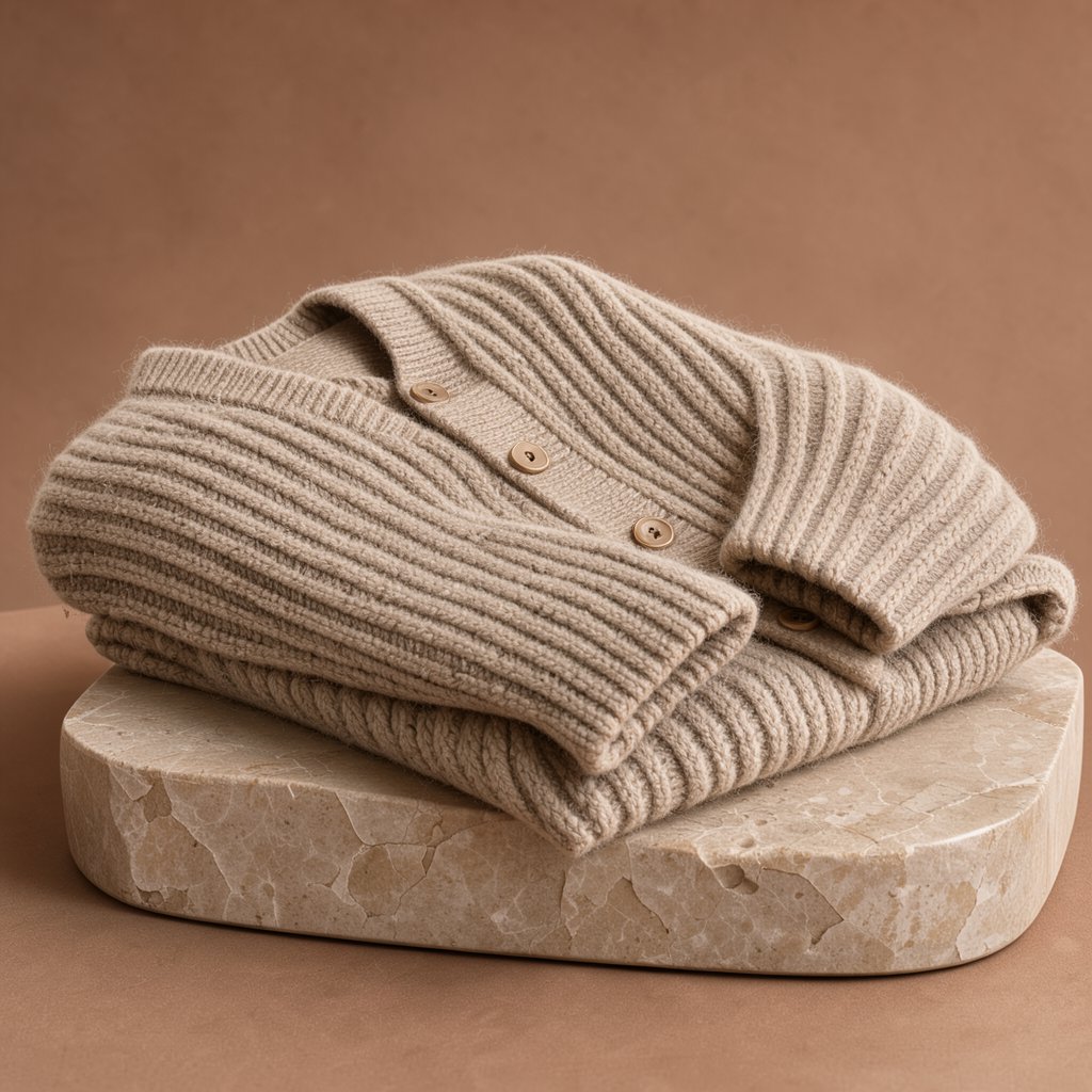 A folded unbranded merino cardigan rests on a honed limestone plinth, its chunky ribbed wool surface softly catching broad overhead diffusion and warm side bounce against a muted clay backdrop, with no tags, lettering, or graphics. — FLUX 3 Image Klein