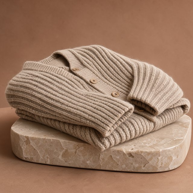 A folded unbranded merino cardigan rests on a honed limestone plinth, its chunky ribbed wool surface softly catching broad overhead diffusion and warm side bounce against a muted clay backdrop, with no tags, lettering, or graphics. — FLUX 3 Image Klein