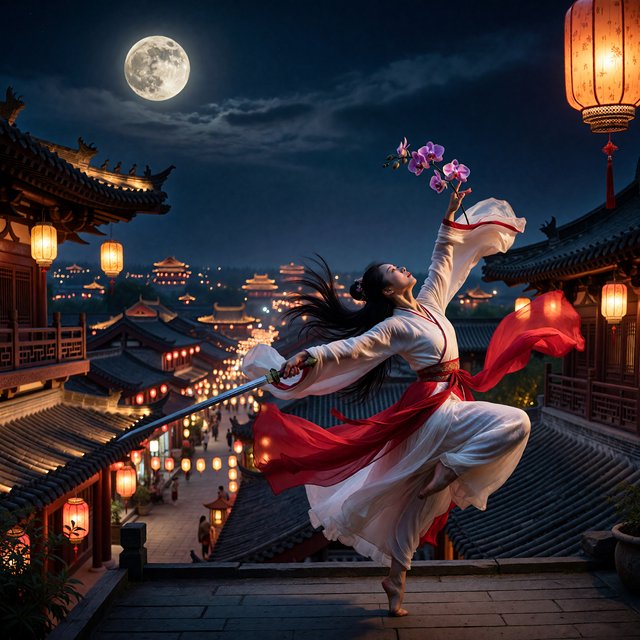 Elegant young adult Chinese female dancer performing a sword dance on a rooftop in ancient China at night, wearing flowing hanfu in primary white with secondary red accents. She leaps high in midair with her body arched backward, sword arm thrust forward, while her other arm rises gracefully above her with the hand forming delicate orchid fingers. Frontal three-quarter view, long black hair and sleeves flowing, expressive elegant pose, lantern-lit ancient city below, glowing rooftops and streets, romantic moonlit atmosphere. — ImagineArt 1.5 Pro