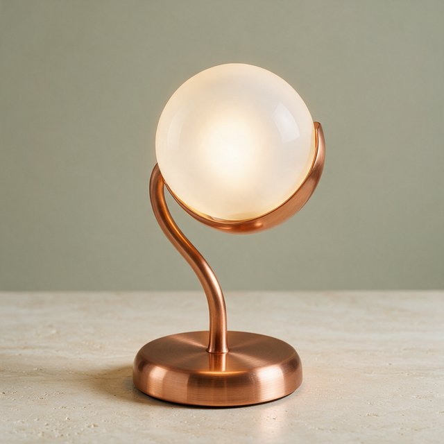 Commercial product photograph of an unbranded sculptural desk lamp with a frosted opal glass globe and brushed copper stem, standing on a pale travertine surface against a muted sage background, illuminated by soft overhead diffusion and a delicate warm rim light. — Seedream 5.0 Pro