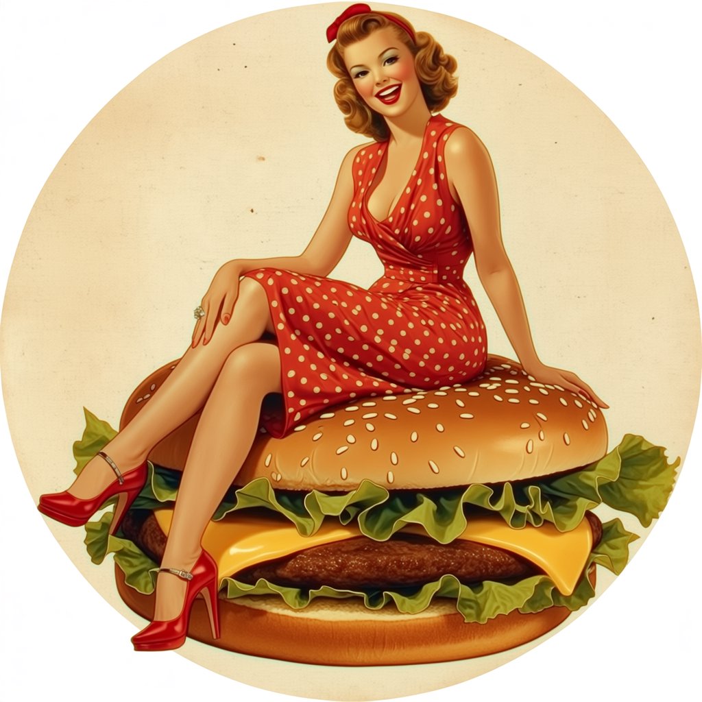 A 1950s pin-up-style photo of a bikini-clad woman sitting on a giant hamburger. — Midjourney Niji 7