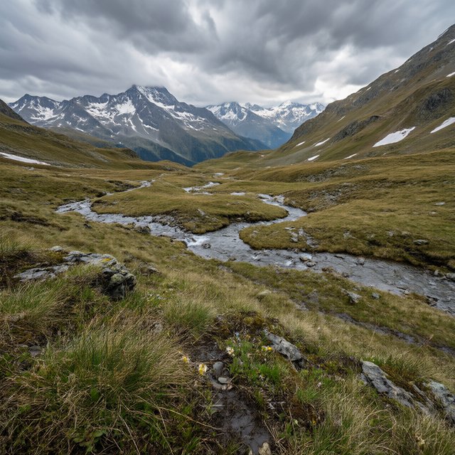 A windswept alpine meadow beneath heavy morning clouds, fresh rain darkening the grasses, a braided stream winding toward distant snowcapped peaks, tiny wildflowers and wet stones sharpening the foreground texture and layered depth. — Qwen Image 3.0