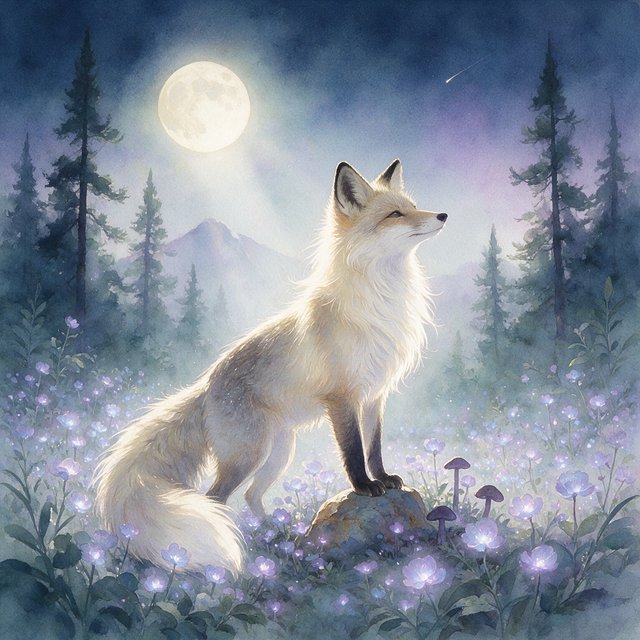 A majestic fox with fur like spun moonlight, standing in a clearing bathed in ethereal light. Bioluminescent flowers bloom around its paws, casting a soft, otherworldly glow. The scene is rendered in a detailed watercolor illustration style, with delicate brushstrokes and a muted, mystical color palette. Cinematic lighting emphasizes the magical ambiance. — Model 20