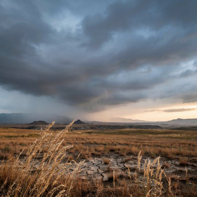 Across a tawny prairie basin, a rotating thunderstorm gathers in the late afternoon beneath bruised clouds, rain veiling distant buttes; seed heads and cracked earth in the foreground contrast with ridges softened by the advancing downpour. — Ideogram v4.5