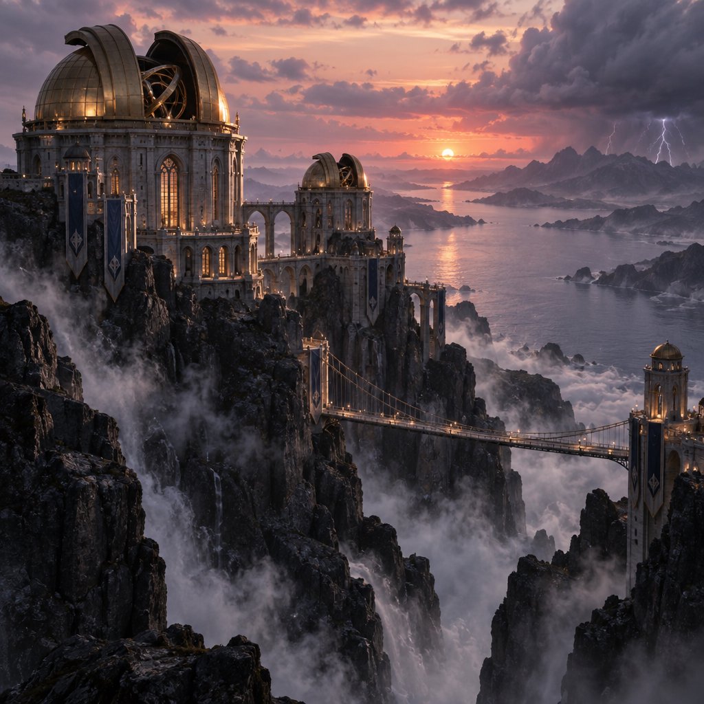 A wind-carved observatory crowns black cliffs above a silver inland sea, its open brass domes catching the last rose light. Salt mist drifts through suspended bridges as distant storms flicker beyond the horizon. — GPT Image 2.5 Sunburst
