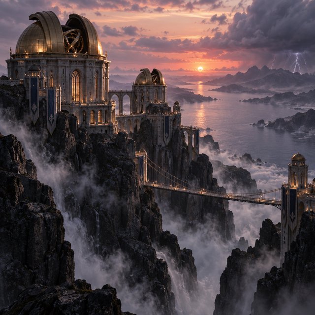 A wind-carved observatory crowns black cliffs above a silver inland sea, its open brass domes catching the last rose light. Salt mist drifts through suspended bridges as distant storms flicker beyond the horizon. — GPT Image 2.5 Sunburst