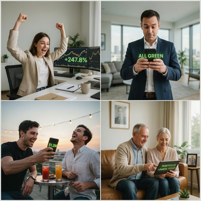 People making successful trades. A totally green day. Making a lot of money (life-changing money). At least 4 scenes. — Ideogram v4