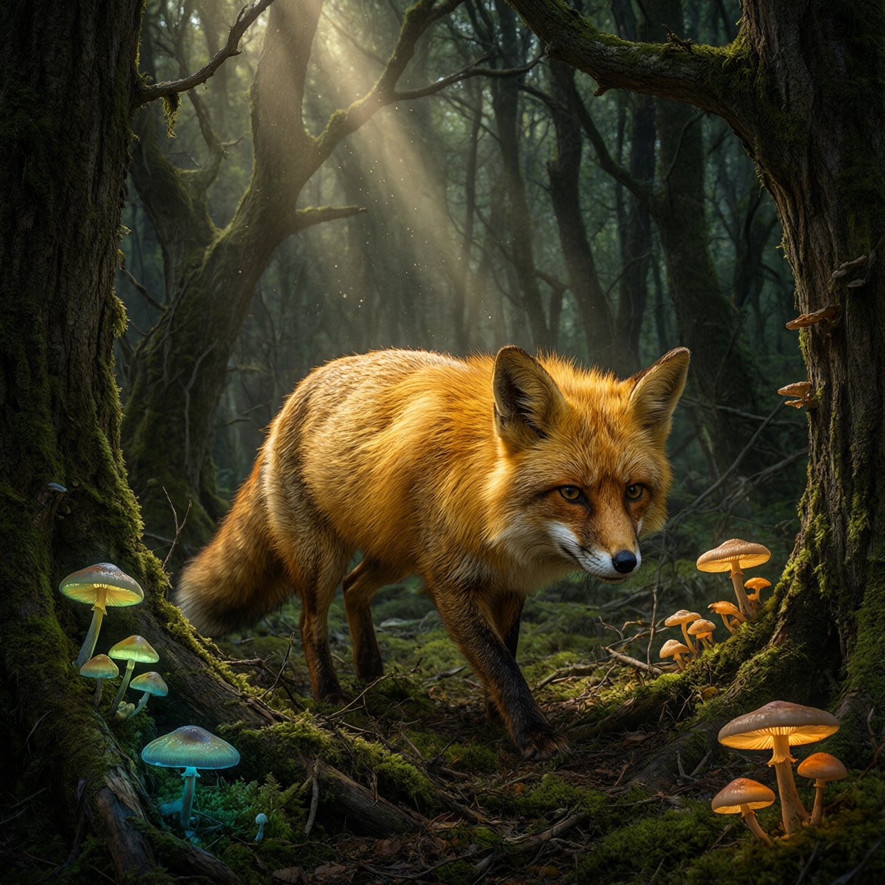A cunning fox with fur like molten gold cautiously steps through a dense, ancient forest. Shafts of light pierce the canopy, illuminating dust motes dancing in the air. Strange, glowing mushrooms cast an otherworldly light on the moss-covered ground. The style is a blend of dark fantasy illustration and hyperrealism, with a focus on dramatic, cinematic lighting. — Qwen Image 3.0 Pro