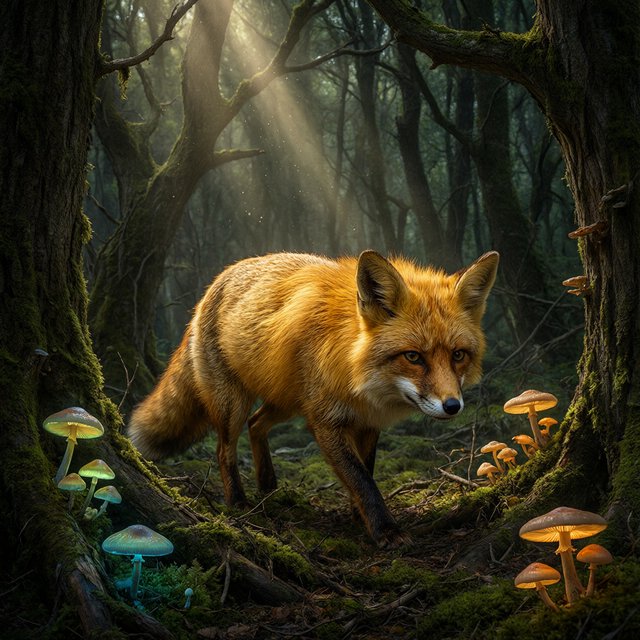 A cunning fox with fur like molten gold cautiously steps through a dense, ancient forest. Shafts of light pierce the canopy, illuminating dust motes dancing in the air. Strange, glowing mushrooms cast an otherworldly light on the moss-covered ground. The style is a blend of dark fantasy illustration and hyperrealism, with a focus on dramatic, cinematic lighting. — Qwen Image 3.0 Pro