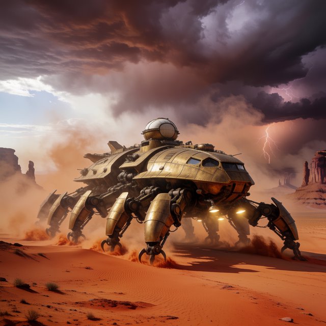 A colossal brass desert crawler carries an observatory dome across red dunes, its articulated legs striding through a sandstorm. Warm lamps glow beneath the hull while distant mesas fade into violet dusk and lightning illuminates the horizon. — Krea 2 Medium