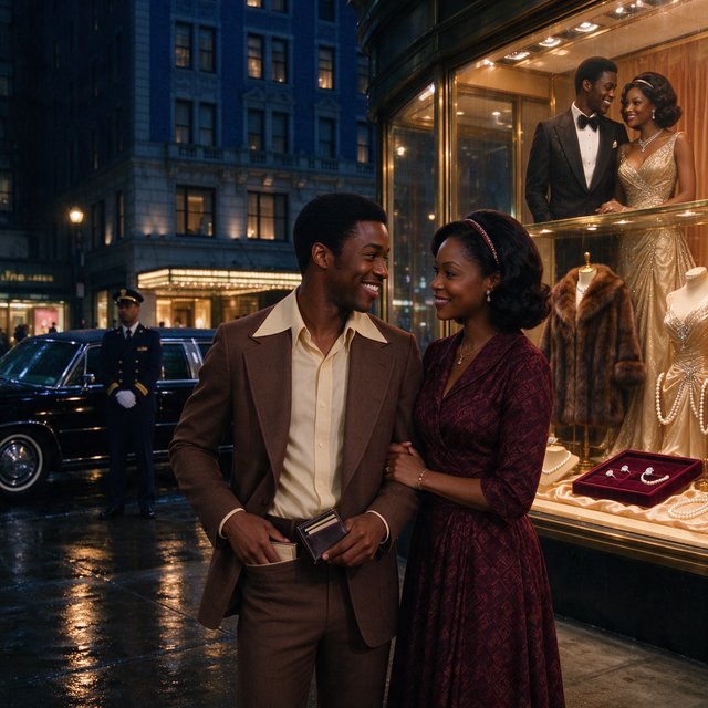 Cinematic city scene at night, with the glamour of 1970s soul romance. In the foreground, a young Black man in a modest brown wide-lapel suit smiles at his adult beloved, playfully turning out his empty trouser pocket while holding an almost-empty wallet. His adult girlfriend wears a burgundy patterned dress and delicate hairband; she holds his arm and gazes at him lovingly, unconcerned by his lack of money. Beside them, a grand department-store window glows amber, displaying a luxurious fur coat, regal evening gown, diamond rings and strings of pearls. In the glass, their reflections appear elegantly dressed, hinting at the lavish life he dreams of giving her. A polished black limousine waits at the curb beside a uniformed chauffeur. Wet pavement mirrors golden lights; deep blue city buildings balance the amber, cream and burgundy palette. Warm, joyful, sincere mood; realistic faces and hands, detailed fabrics and reflections. No text, borders or collage. — Seedream 5.0 Flash