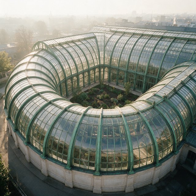 From a nearby rooftop, an Art Nouveau conservatory curves around a planted courtyard, its green copper ribs, clear glass, and pale stone base catching hazy morning light; orderly rooflines and believable supports show from above. — Seedream 5.0 Pro