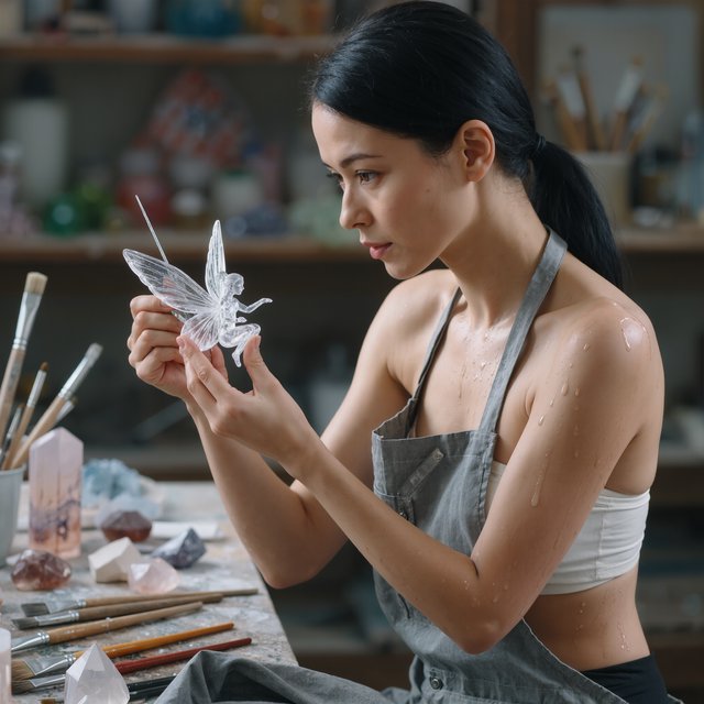 A pulchritudinous, gorgeous, exotic East Asian beauty, aged 24, inside an atelier, wearing a loose workshop apron, a tube top, and hot pants. Sweating profusely, she remains concentrated. She has a focused posture and expression as she looks at the crystalline object in the foreground that she is sculpting into a small, detailed fairy with high precision and clarity. Three-quarter-body mid-shot, Dutch angle. — Model 9