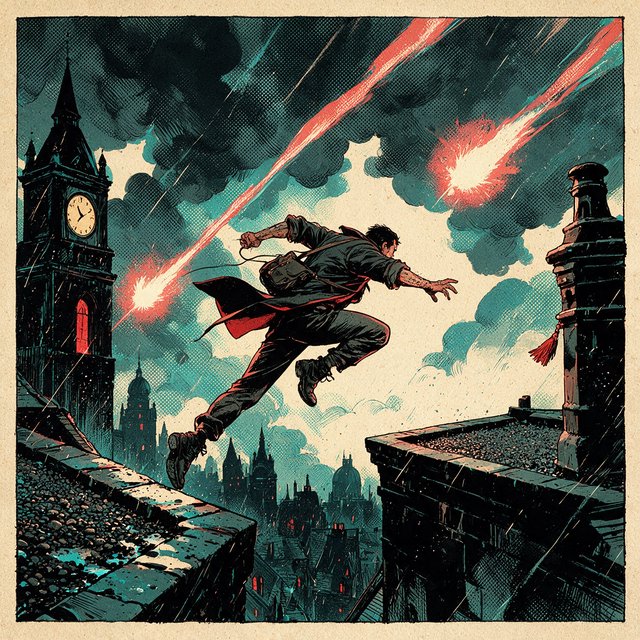 An adult rooftop courier vaults between rain-dark towers, coat snapping as signal flares streak behind; bold ink comic-panel illustration with dense halftone shadows, palette of electric cyan, vermilion, charcoal, and cream, no speech bubbles. — Seedream 5.0 Pro
