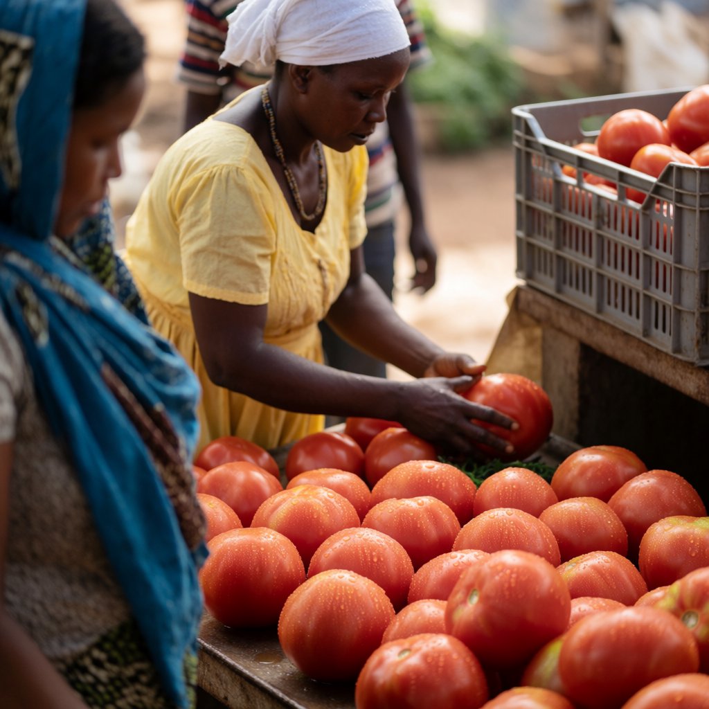 Candid documentary photograph of an adult market vendor arranging ripe tomatoes at an outdoor produce stall, cool early-morning side light, 50mm lens with shallow depth of field, condensation droplets beading on the tomato skins. — Krea 2 Medium