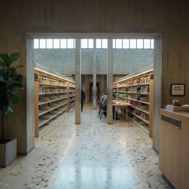 Interior of a mid-century modernist public library, with pale oak shelving, exposed concrete columns, terrazzo flooring, and a broad clerestory. Diffuse morning light crosses the reading hall, viewed from the entrance down its central aisle, with precise lines and plausible structure. — Ideogram v4
