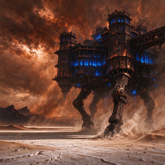 A colossal walking citadel crosses a salt desert, its ironwood legs striding through windblown dunes beneath a copper storm. Blue furnace light leaks from carved windows, casting a long shadow toward distant mountains. — Seedream 5.0 Flash