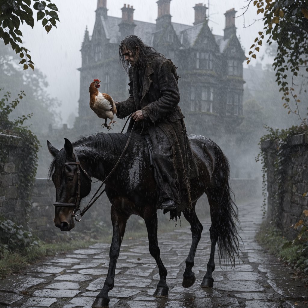 A man riding a horse, holding a screaming chicken, in dark gothic fantasy. — Recraft v4