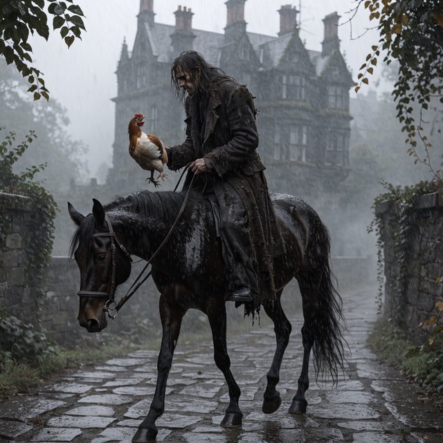 A man riding a horse, holding a screaming chicken, in dark gothic fantasy. — Model 18