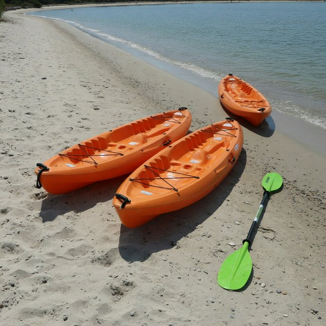 Exactly three orange kayaks rest on a sandy shore: two side by side in the foreground and one behind them near the water. A green paddle lies to the right of the kayaks, nothing else. — Grok Imagine Image Quality