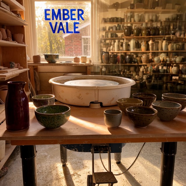 Inside a sunlit ceramics studio, glazed bowls dry beside a turning wheel and shelves of clay tools; "EMBER VALE" is painted in cobalt capitals on the front window. — Krea 2 Large