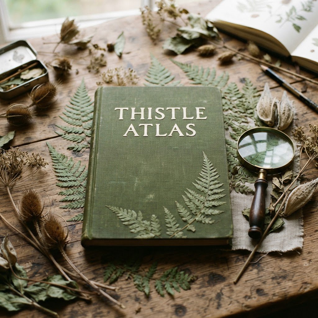 Pressed fern fronds, seed pods, and a magnifying lens frame a naturalist’s field-guide book cover on moss-green cloth; “THISTLE ATLAS” spans the upper third in hand-cut ivory serif capitals, with no other legible writing. — Nano Banana 2 Lite