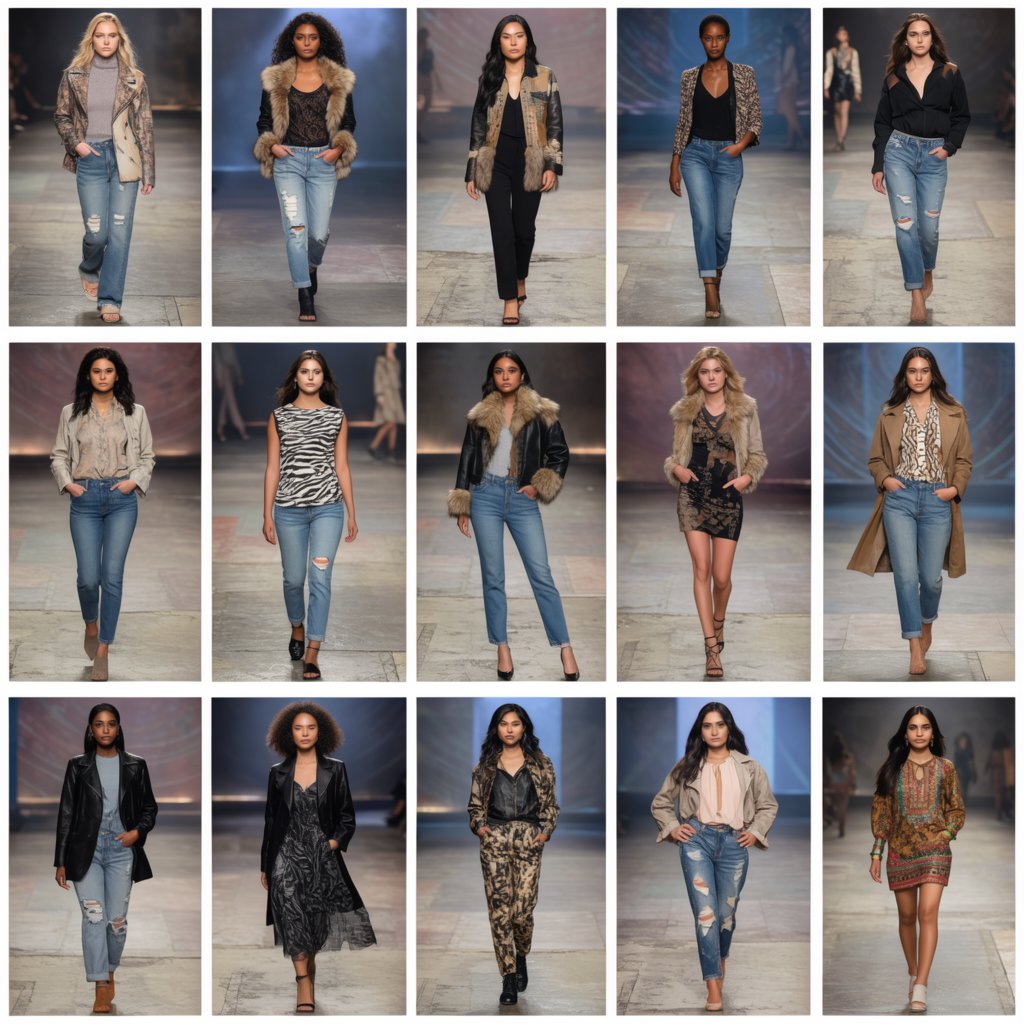 Adult female fashion models on the runway. There are models of all races: white, Black, Asian, Mexican, Indian, mixed race, etc. The vibe is cool and fierce. Many angles. — Krea 2 Large
