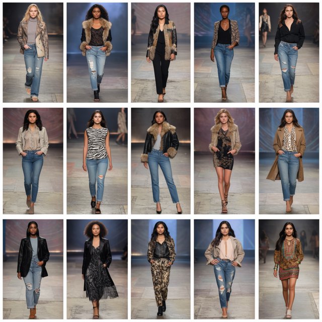 Adult female fashion models on the runway. There are models of all races: white, Black, Asian, Mexican, Indian, mixed race, etc. The vibe is cool and fierce. Many angles. — Krea 2 Large