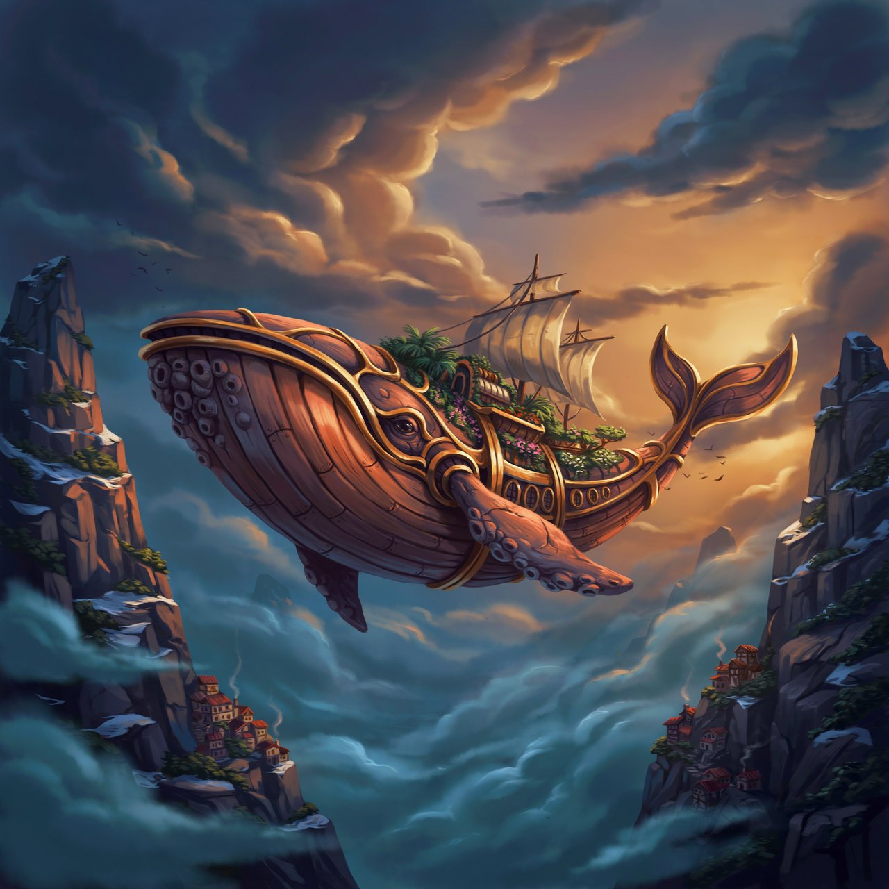 A vast, whale-shaped sky barge sails between mountain spires, its copper ribs supporting gardens and glowing sailcloth. Below, cloud rivers curl around tiny cliff villages as sunset pours through storm breaks, outlining the vessel in molten gold. — Ideogram v4