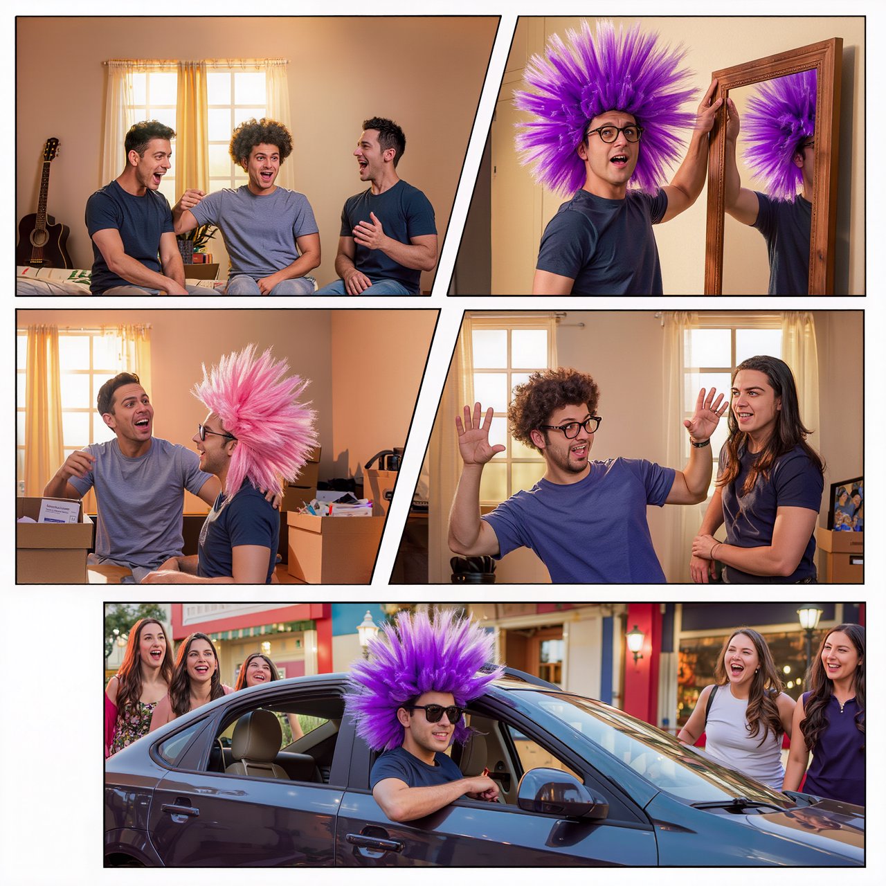 A three-row, six-panel sequence. Panel 1: A short-haired, nerdy man is talking to his friend Babu, another nerd with curly hair and round-frame glasses. They are both 20. Babu's room has a guitar and boxes full of things. Panel 2: Babu is exclaiming to his friend, saying something! Middle row, panel 3: Babu brings a spiky Mohican wig, pink to purple in color, out of one of his boxes. But it is oddly big. Panel 4: Babu stands in front of a wall mirror wearing the spiky wig—it is oddly very big! He looks concerned. Bottom row, panel 5: Babu's nerdy friend exclaims something to him, as if he has had an idea. Bottom row, panel 6: Babu is in a right-hand-drive sedan with a sunroof. Half of the spiky hair on his wig sticks out through the sunroof. The car is parked in front of a neighborhood hangout. Babu is looking out of the window, with one hand out of it. He wears sunglasses, trying to look cool. Several pretty adult women his age are giggling at him. — Kling v3