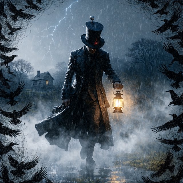 Walking in a dream, with ravens scribbled along the edges, a doctor on a house call — Recraft v4 Pro