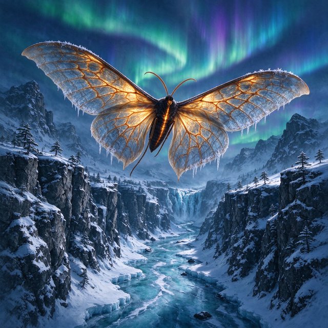A cathedral-sized mothlike creature glides above a frozen ravine, its translucent wings veined with amber light and fringed with frost. Tiny mountain pines cling to the cliffs as aurora colors ripple across the snow. — Seedream 5.0 Flash
