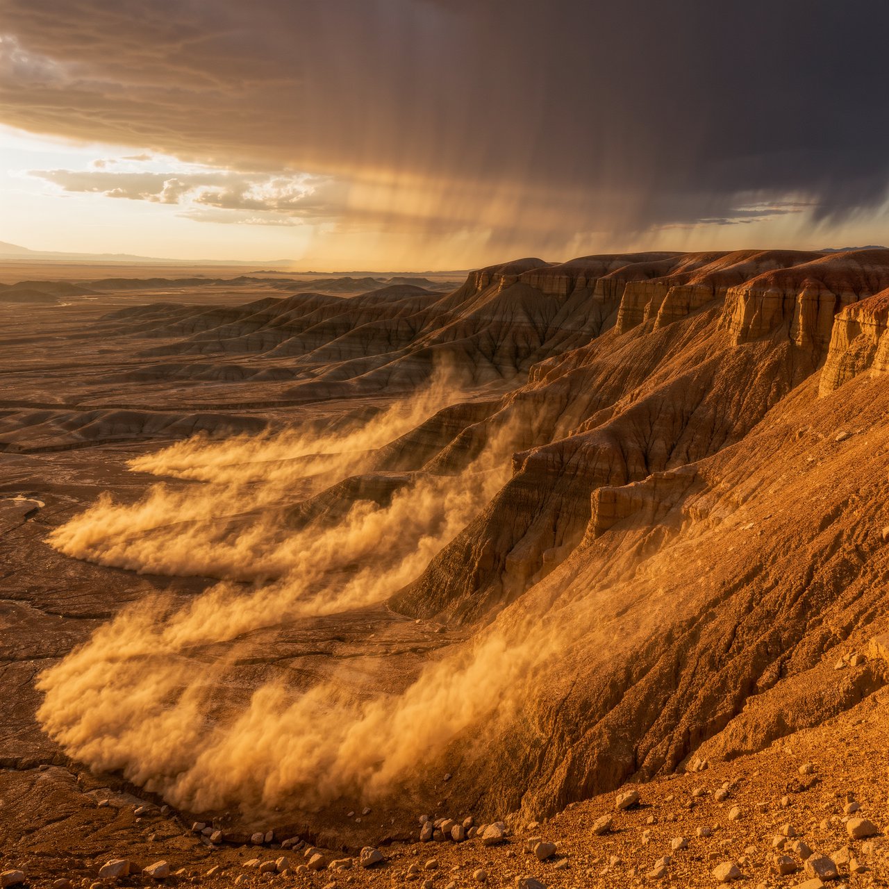 Wind-driven dust devils spiral across ochre badlands beneath a storm-clearing late-afternoon sky; pebble-studded clay ridges and tiny erosion grooves sharpen nearby, while layered mesas recede through veils of rain. — Kling v3 Omni