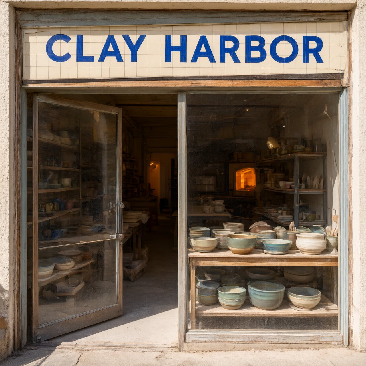 A sunlit ceramicist's studio storefront displays glazed bowls behind dusty glass doors; "CLAY HARBOR" is printed in cobalt-blue block letters across a cream tile transom above the entrance, with kiln warmth glowing inside. — Qwen Image 3.0