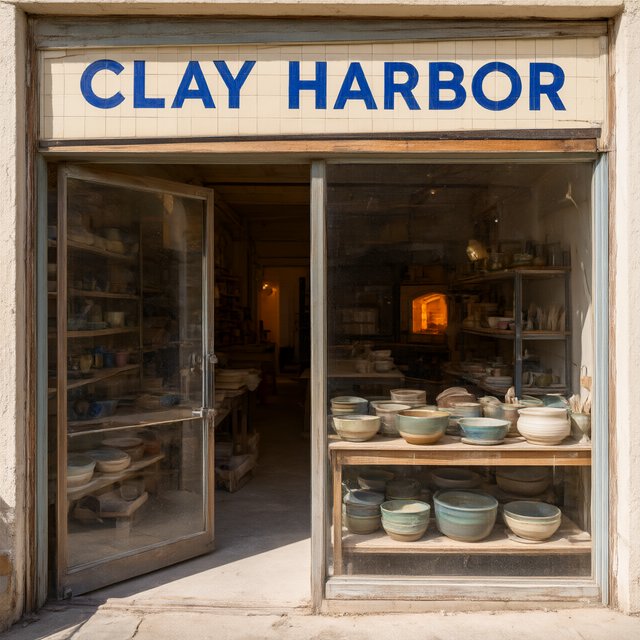 A sunlit ceramicist's studio storefront displays glazed bowls behind dusty glass doors; "CLAY HARBOR" is printed in cobalt-blue block letters across a cream tile transom above the entrance, with kiln warmth glowing inside. — Qwen Image 3.0